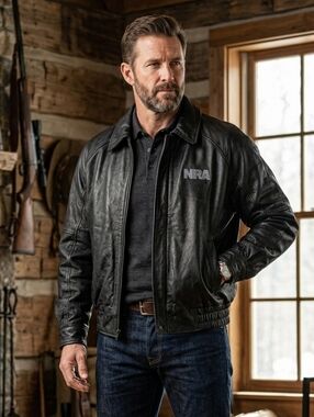 LEATHER Burkes Bay BLACK NRA BOMBER JACKET, MENS MEDIUM